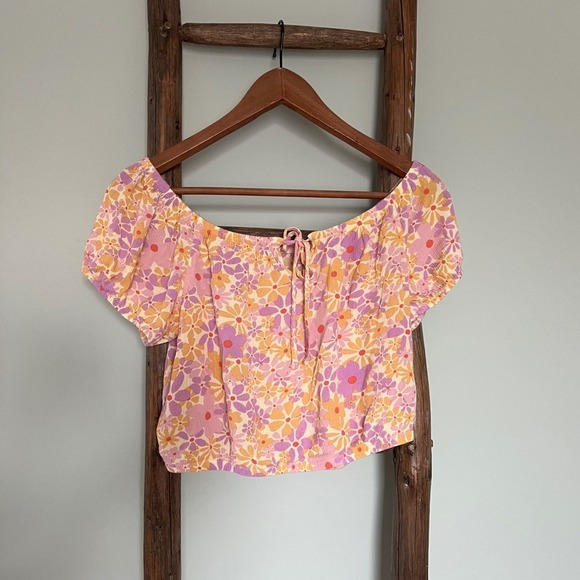 Pink Rose Floral Crop  Off Shoulder Short Sleeve Blouse Pink Yellow Size M - Picture 1 of 5